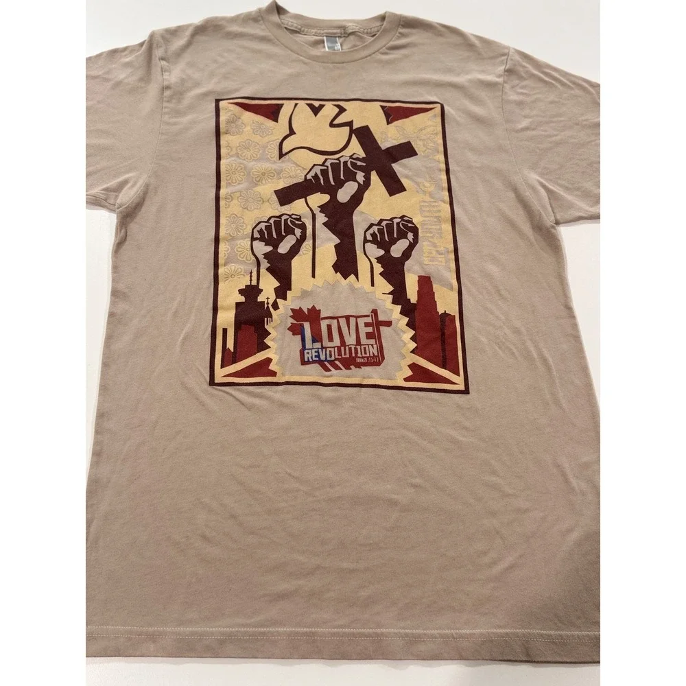 American Apparel Men's L Tan Love Revolution Graphic Print Crew Neck T-Shirt
